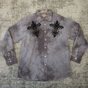Eighty Eight Shirt Men’s XL Gray Tribal Goth Cross Tie Dye Button Down MMA Felt